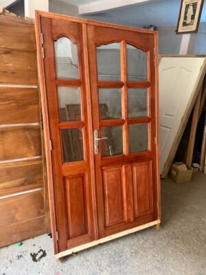 Porte Salon en Bois Rouge Vitrée Deux Battants